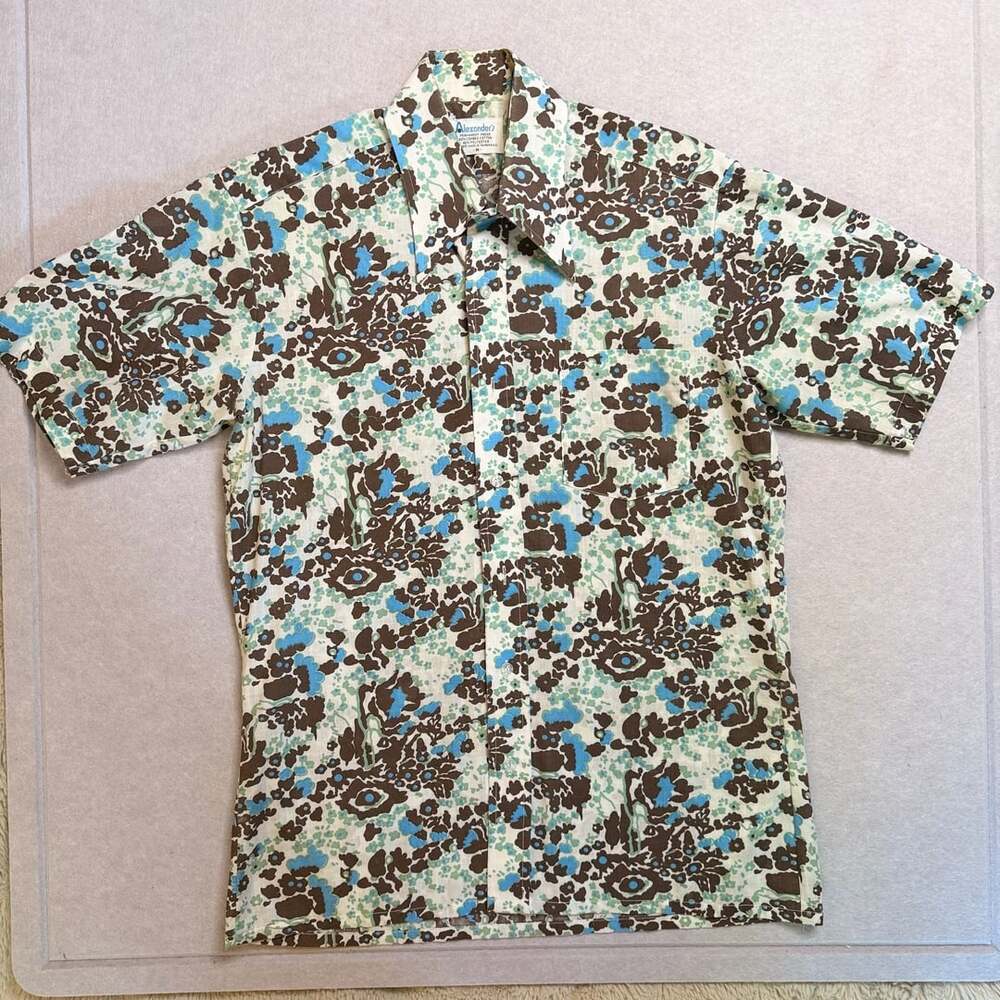 Alexander’s Vintage 1970s Men’s Floral Shirt M Brown Blue Green Short Sleeve